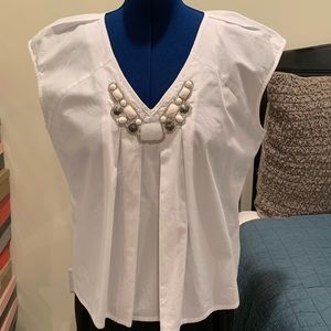 Michael Kors White Jeweled Neckline Cap Sleeve Top